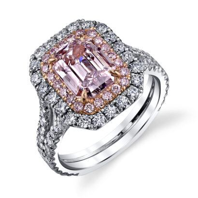 2.01ct Fancy Light Pink Colored Emerald Cut Double Split Shank Diamond Engagement Ring With Halo Set In 18k Rose And White Gold Angle